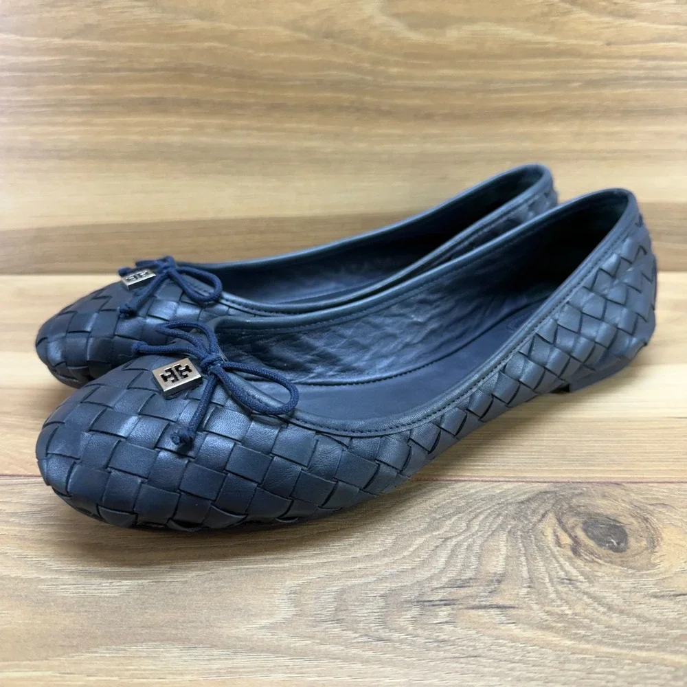 Tory Burch Woven Leather Ballet Flats 10 M Navy Blue Weave Bow Logo Office Walk
